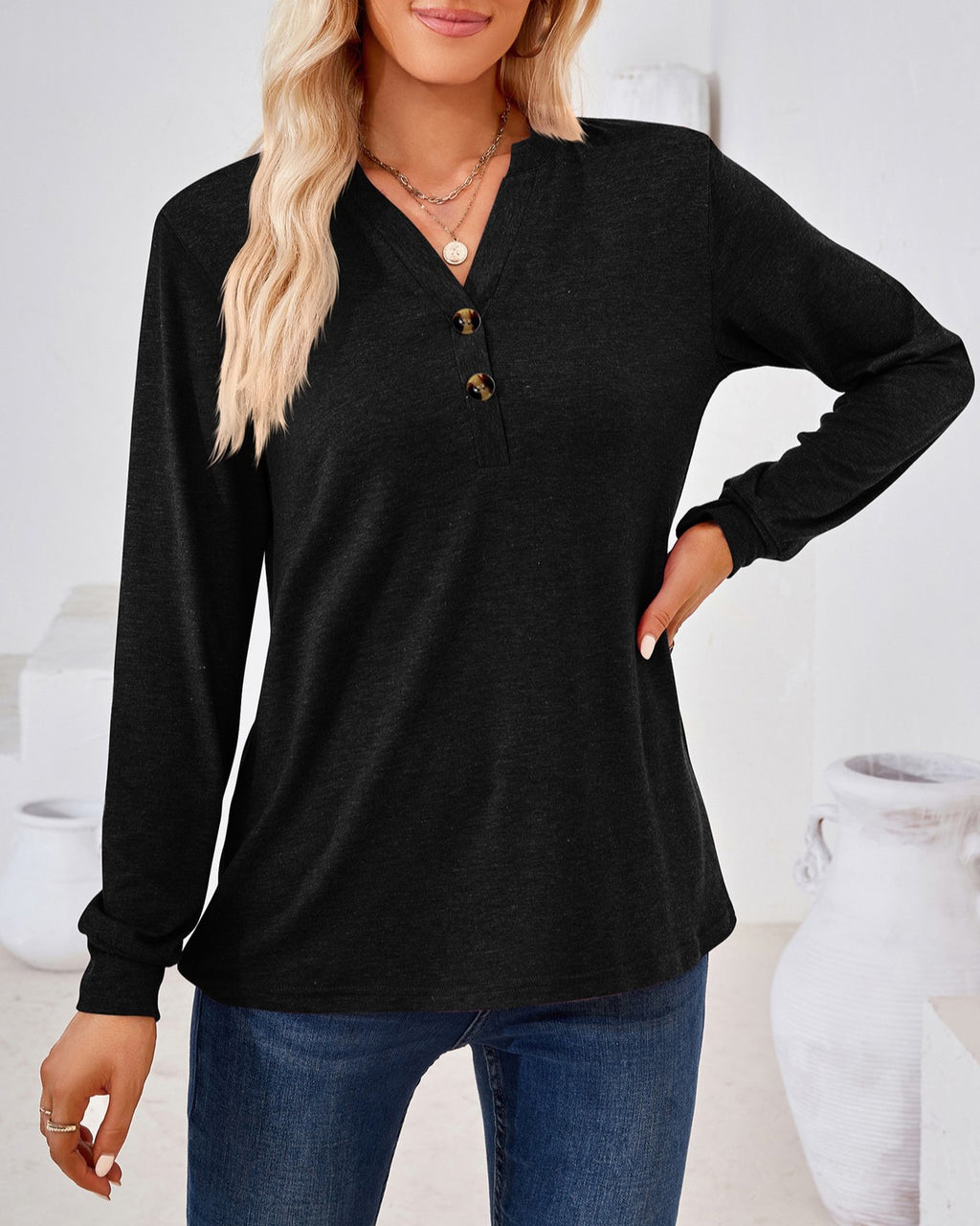 Henley Button V Neck Brushed Knit Blouse - black - 1