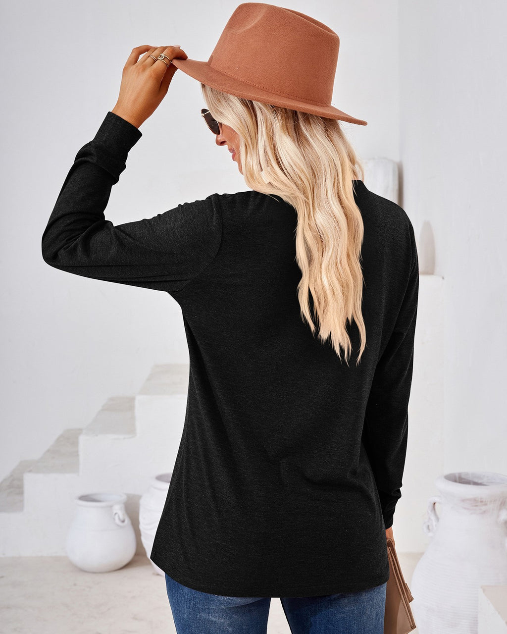 Henley Button V Neck Brushed Knit Blouse - black - 2