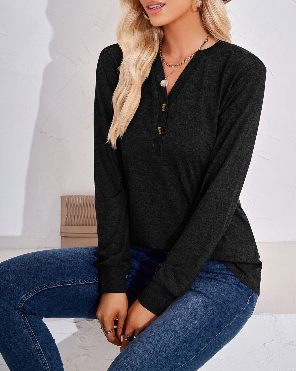 Henley Button V Neck Brushed Knit Blouse - black - 4