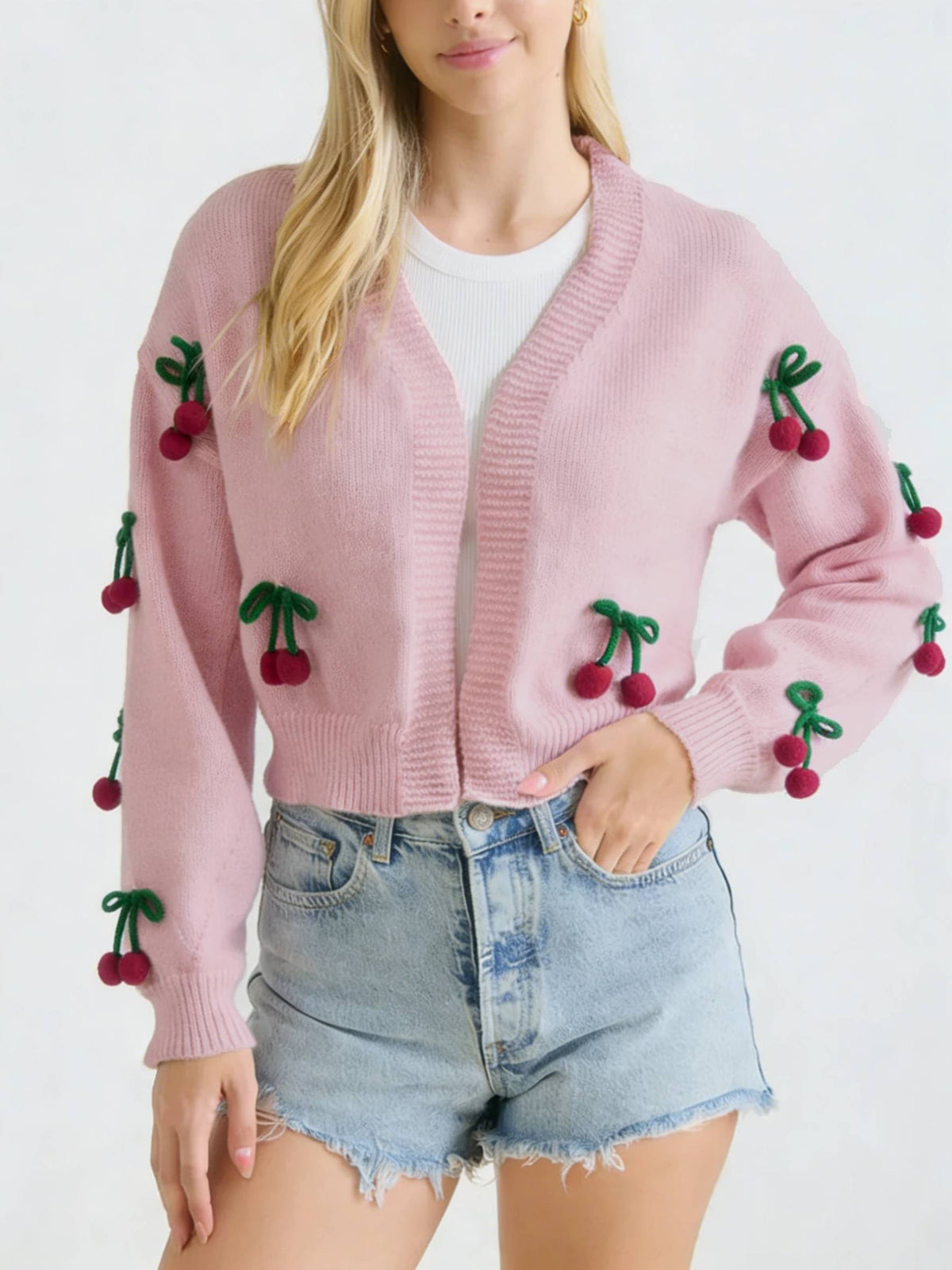 Pom Pom Cherry Trim Cropped Cardigan - Pink