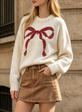 Sparkly Bow Crewneck Pullover Knit Sweater - White
