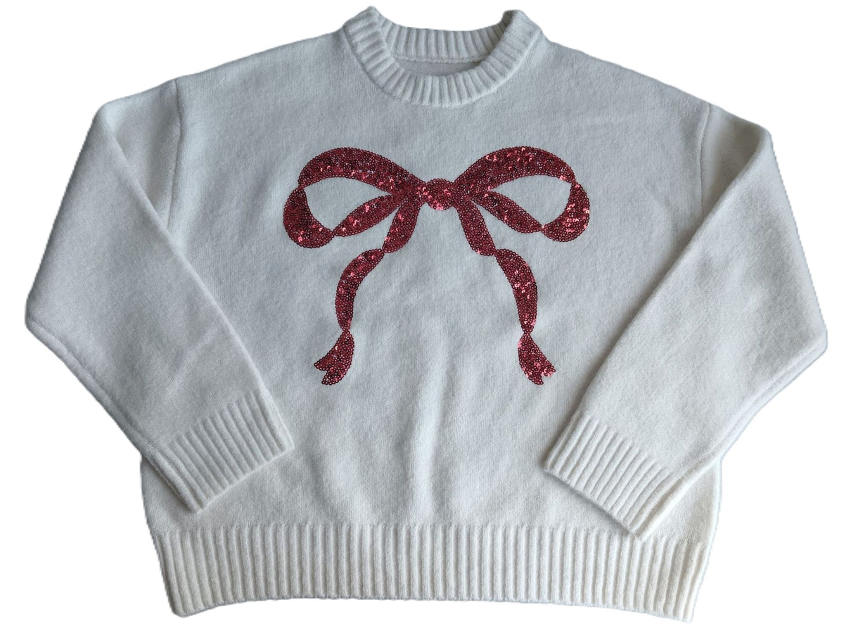 Sparkly Bow Crewneck Pullover Knit Sweater - White - 1