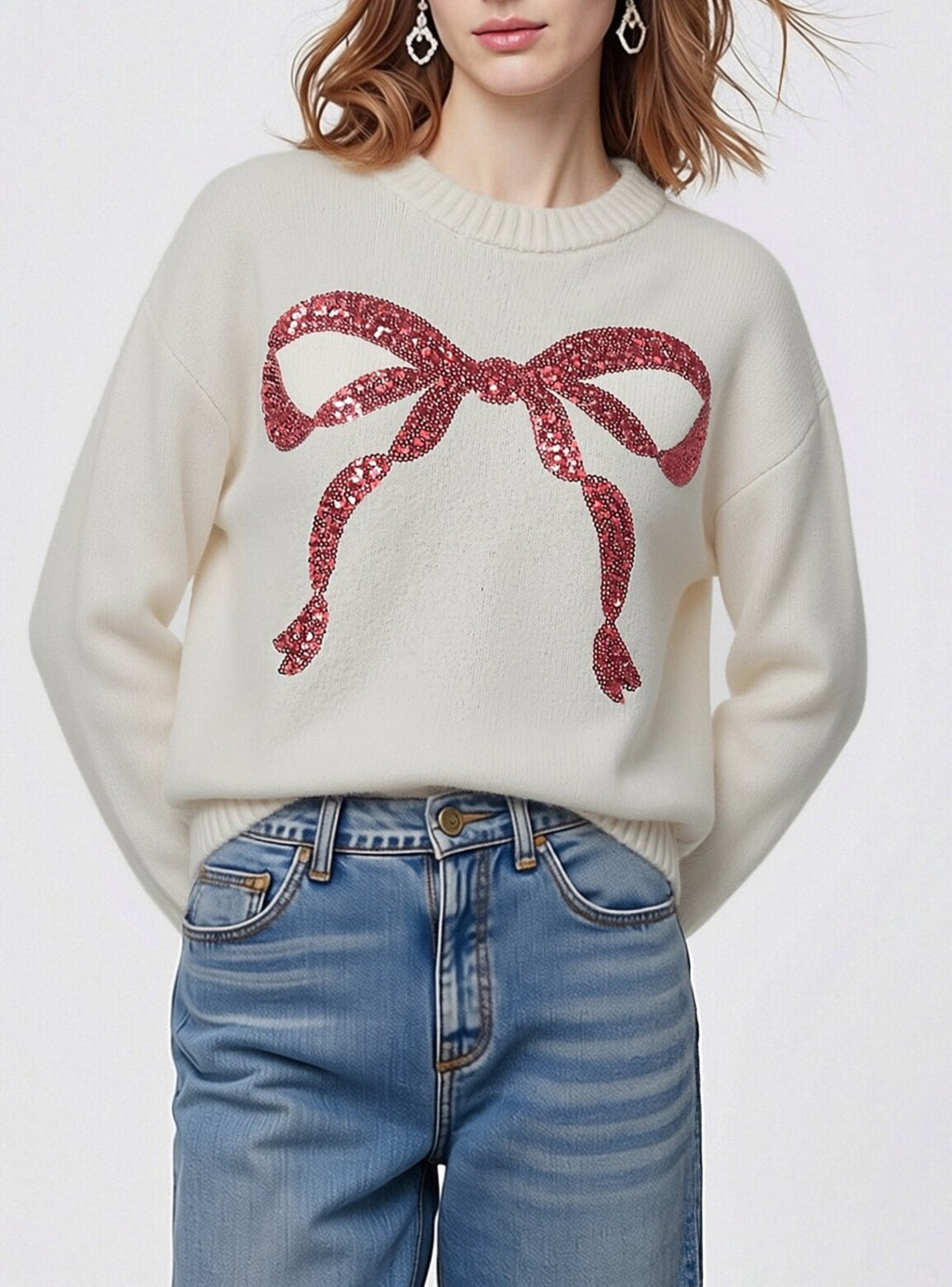 Sparkly Bow Crewneck Pullover Knit Sweater - White - 2