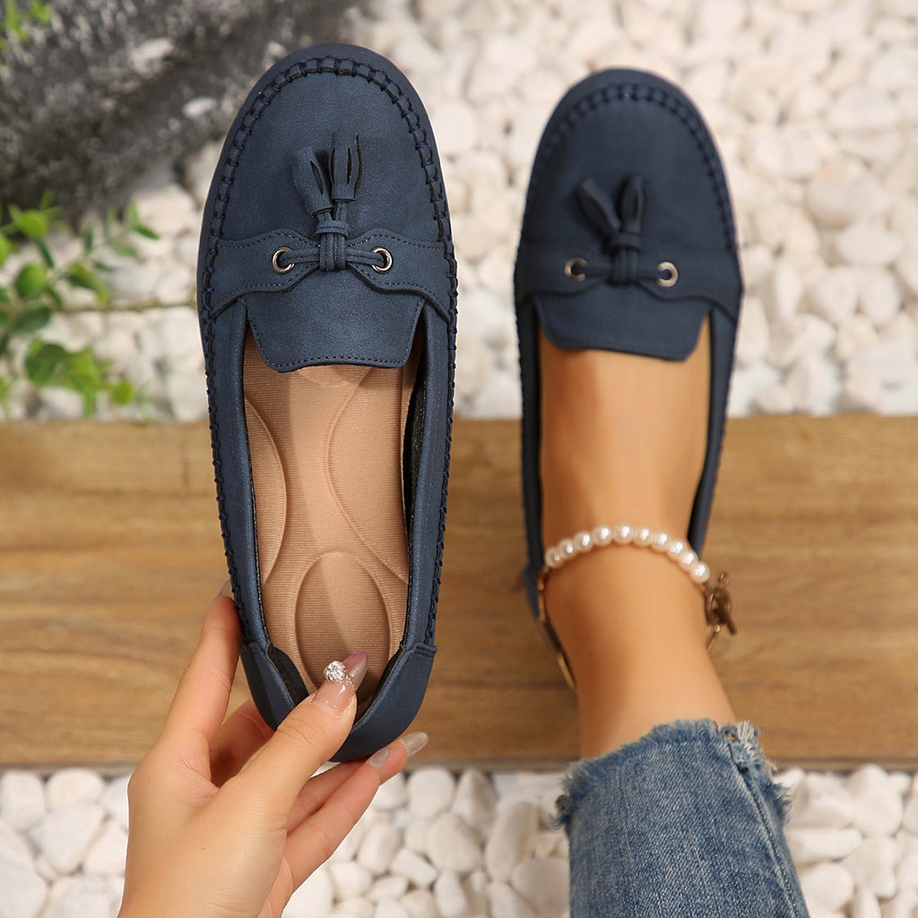 Tassel Bow Slip On Moccasin Loafers - Navy