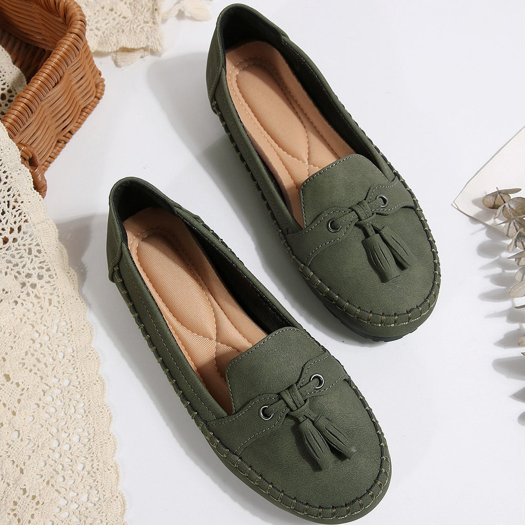 Tassel Bow Slip On Moccasin Loafers - Olive