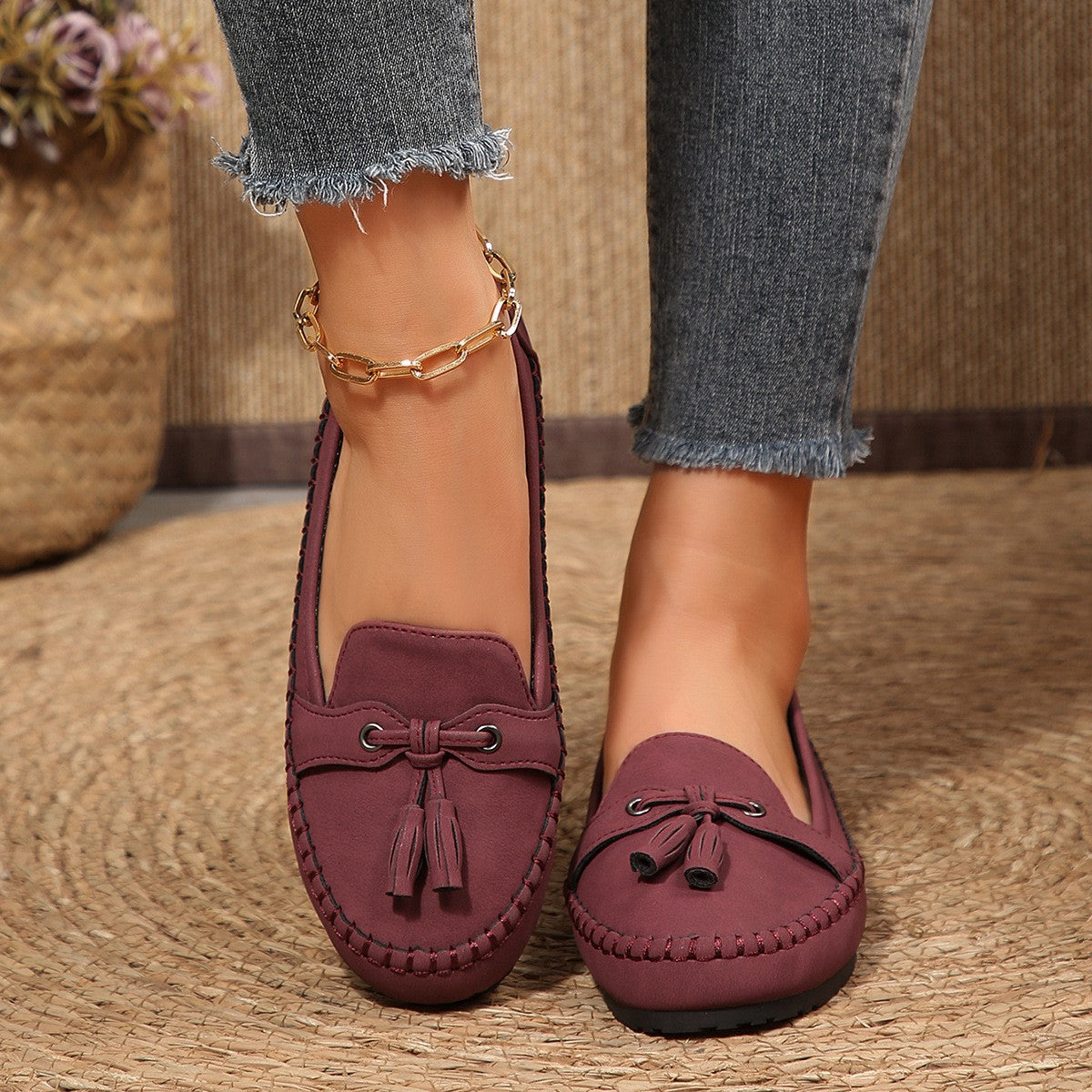 Tassel Bow Slip On Moccasin Loafers