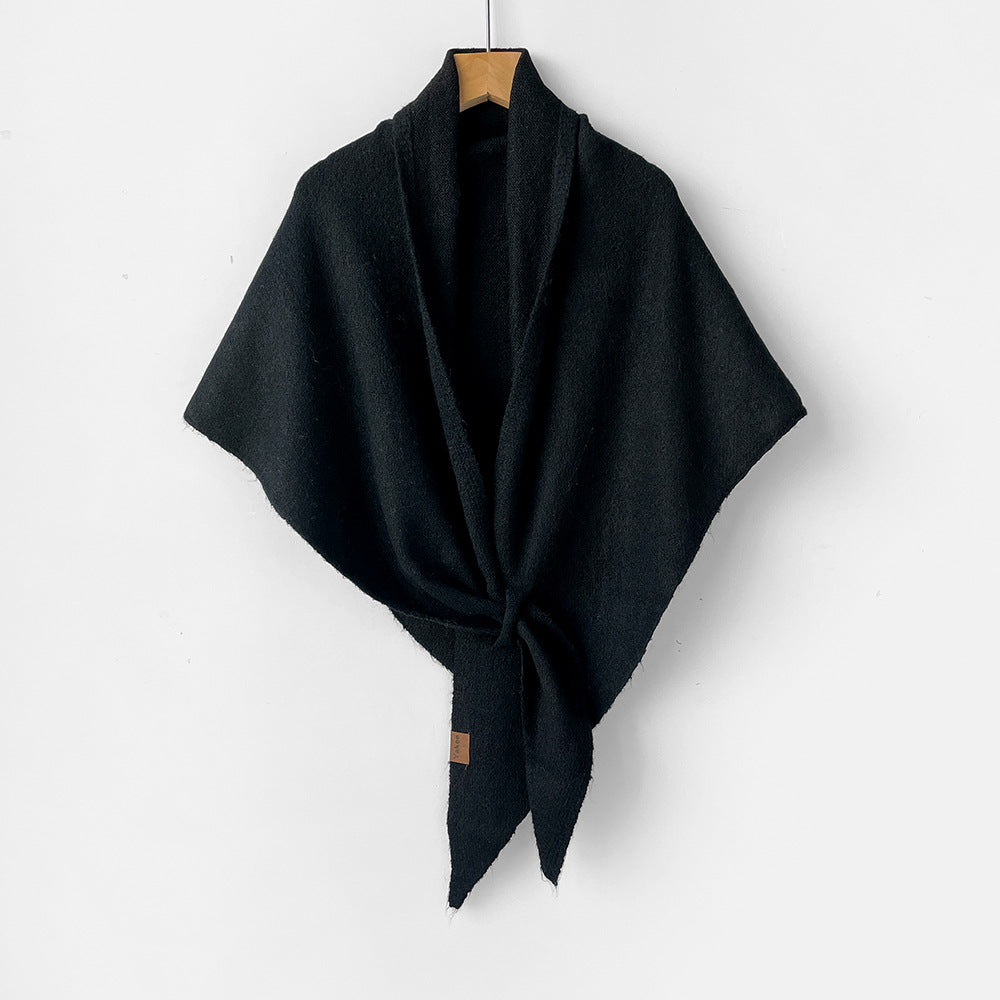Knit Triangle Neck Wrap Shawl Scarf - Black