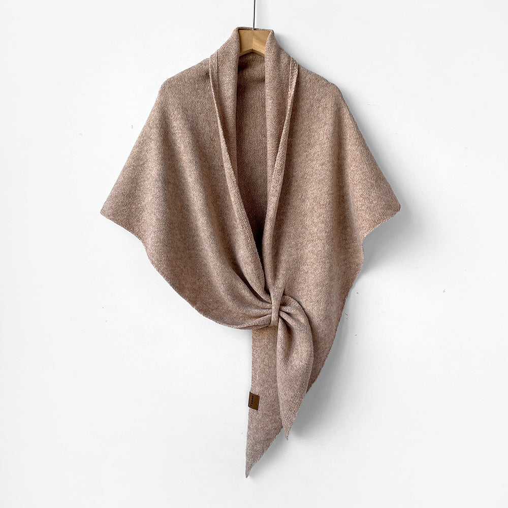 Knit Triangle Neck Wrap Shawl Scarf - Khaki