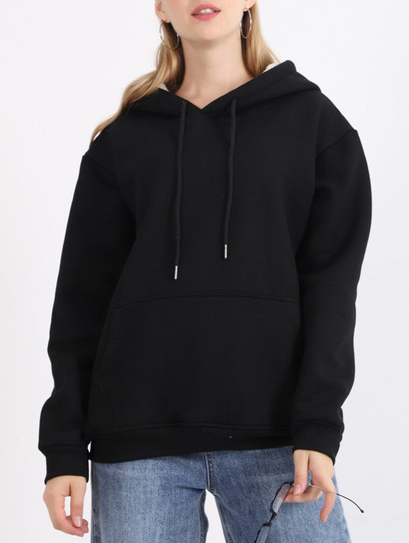 Sherpa Lined Kangaroo Pocket Hoodie - Black - 1