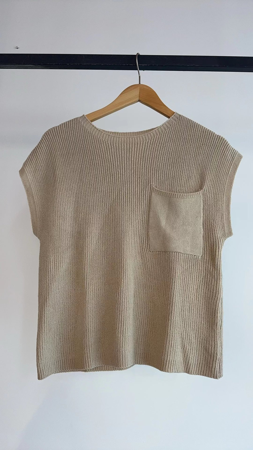 Chest Pocket Cap Sleeve Knit Top - Beige - 6
