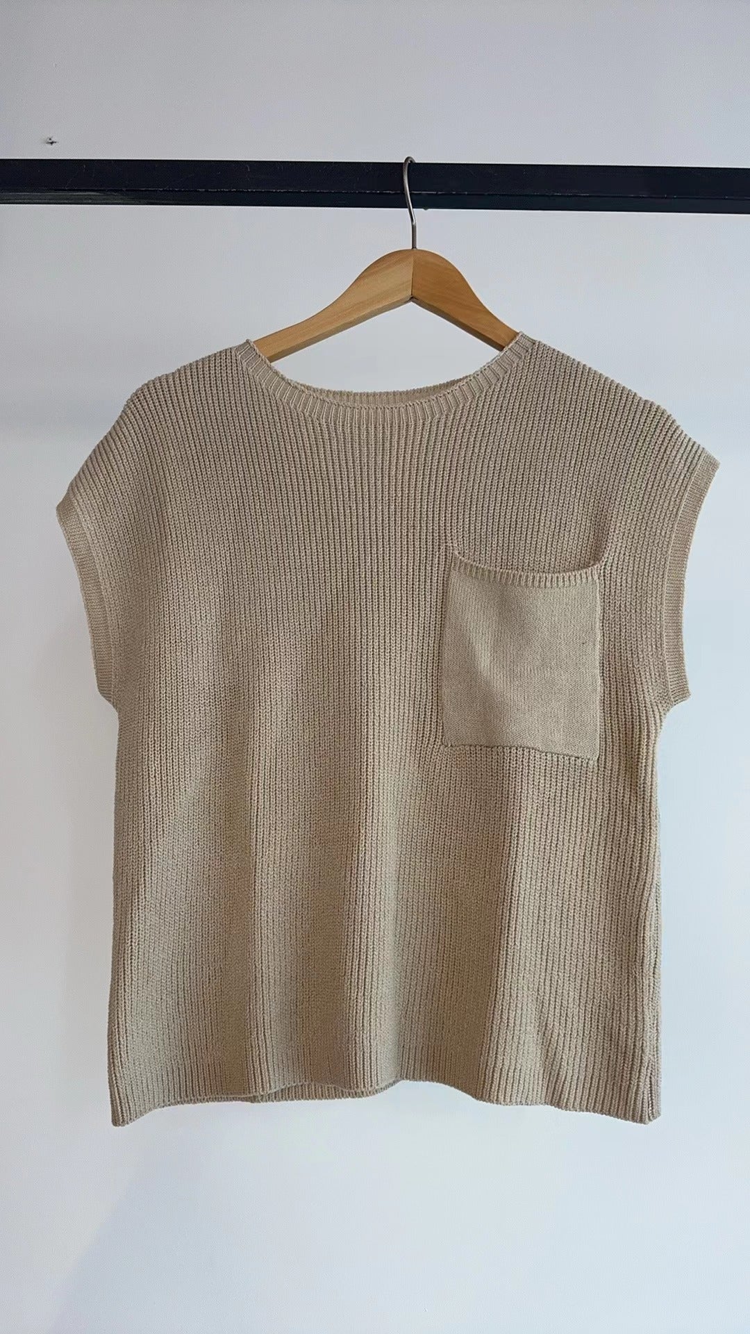 Chest Pocket Cap Sleeve Knit Top - Beige - 6
