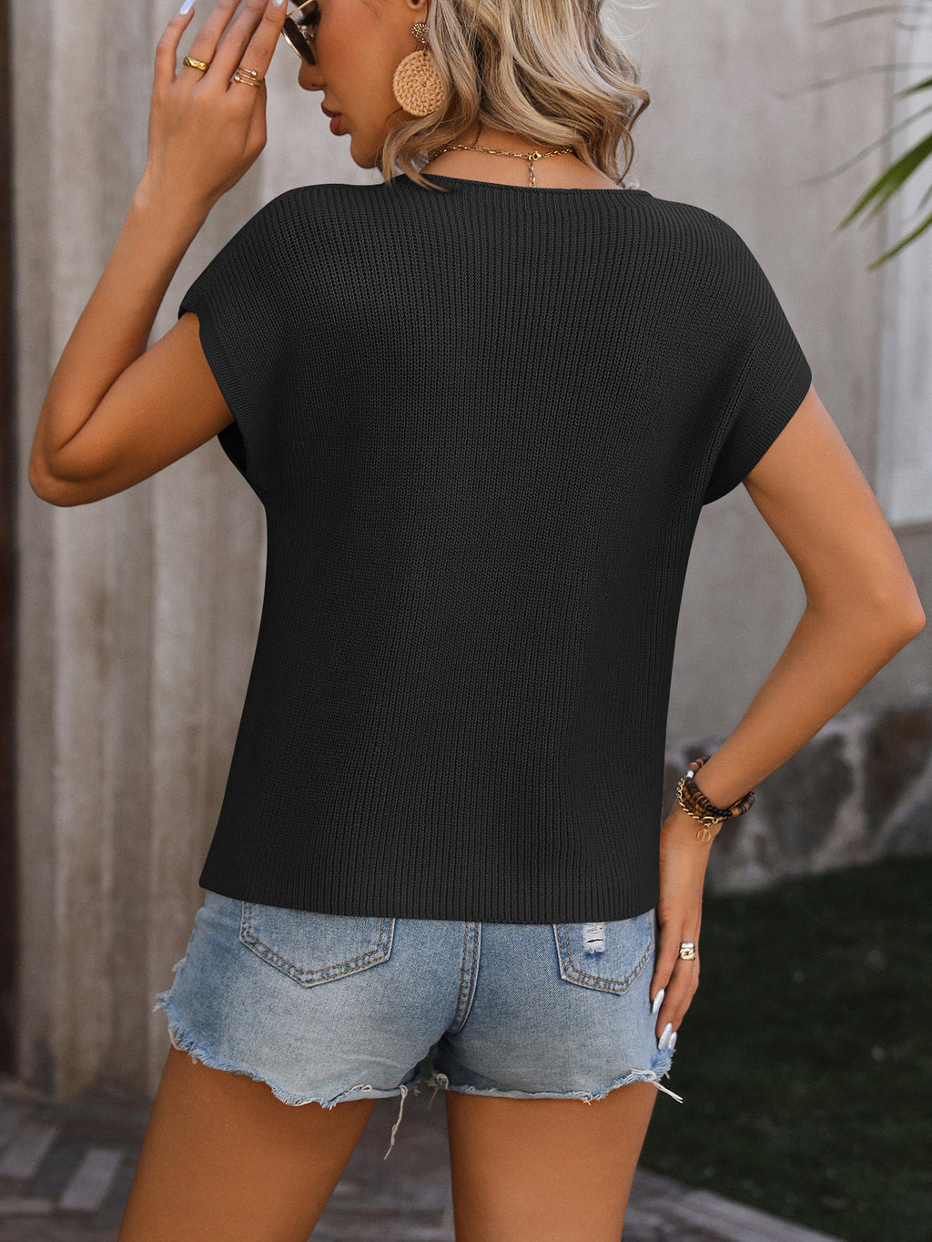 Chest Pocket Cap Sleeve Knit Top - Black - 3