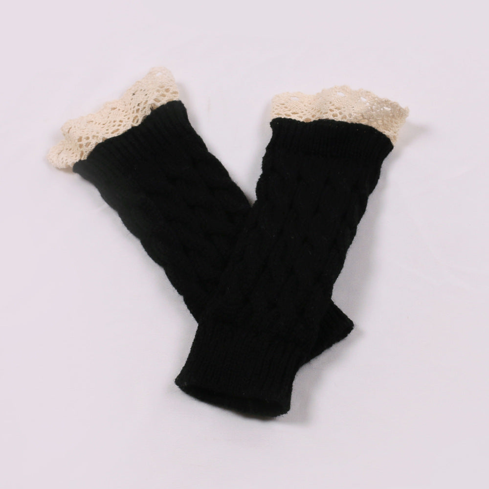 Lace Trim Cable Knit Fingerless Gloves - Black