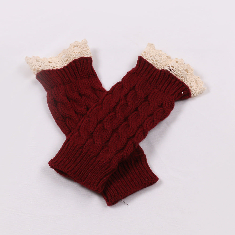 Lace Trim Cable Knit Fingerless Gloves - Burgundy