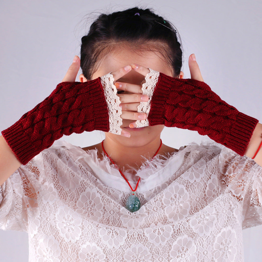 Lace Trim Cable Knit Fingerless Gloves - Burgundy - 1
