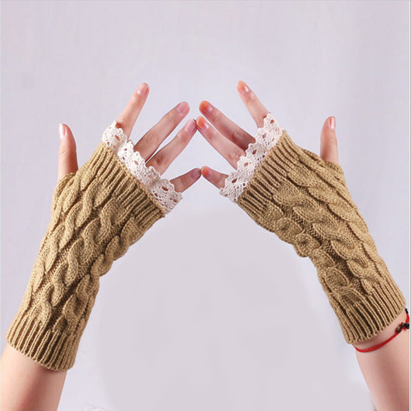 Lace Trim Cable Knit Fingerless Gloves - Camel