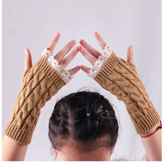 Lace Trim Cable Knit Fingerless Gloves - Camel - 1