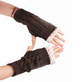 Lace Trim Cable Knit Fingerless Gloves - Coffee