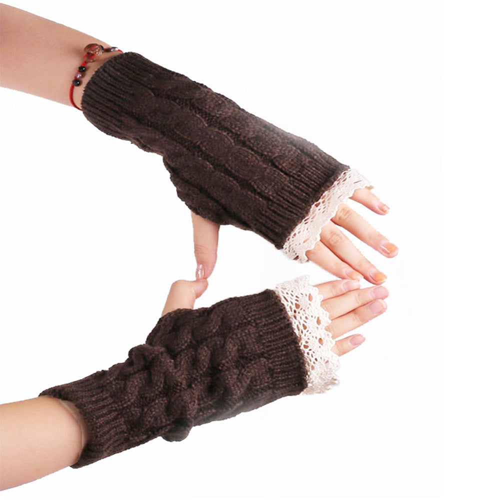 Lace Trim Cable Knit Fingerless Gloves - Coffee