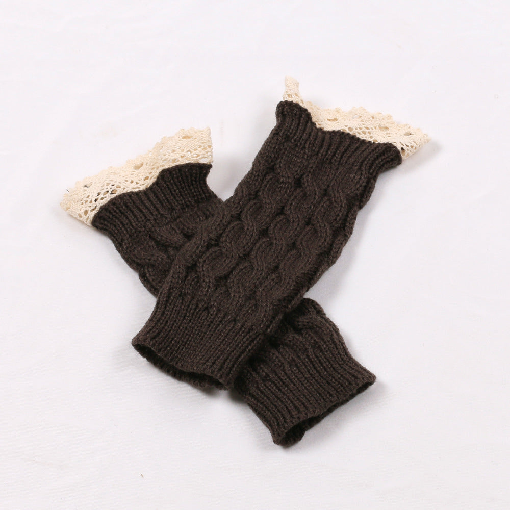 Lace Trim Cable Knit Fingerless Gloves - DarkGrey