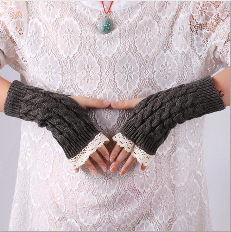 Lace Trim Cable Knit Fingerless Gloves - DarkGrey - 1