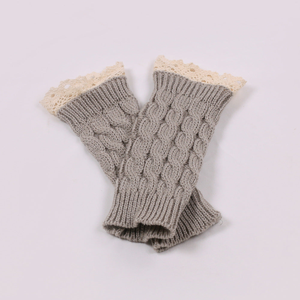 Lace Trim Cable Knit Fingerless Gloves - Gray