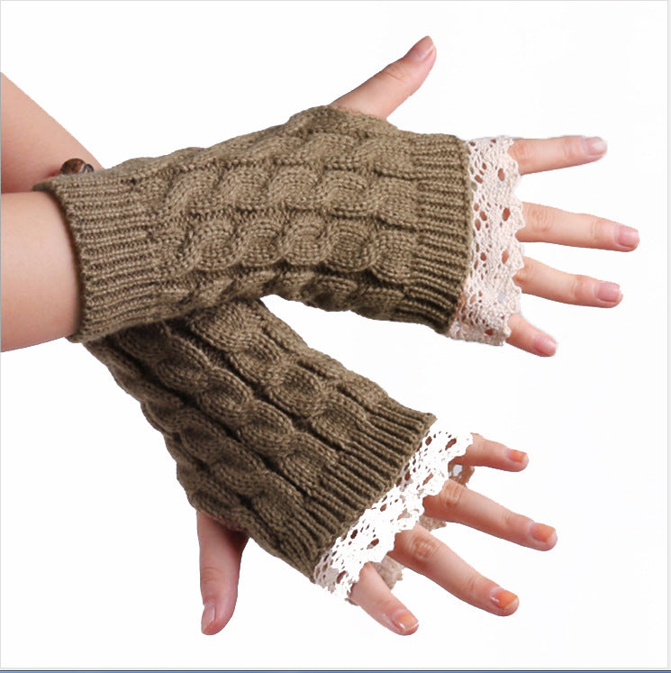 Lace Trim Cable Knit Fingerless Gloves - Khaki