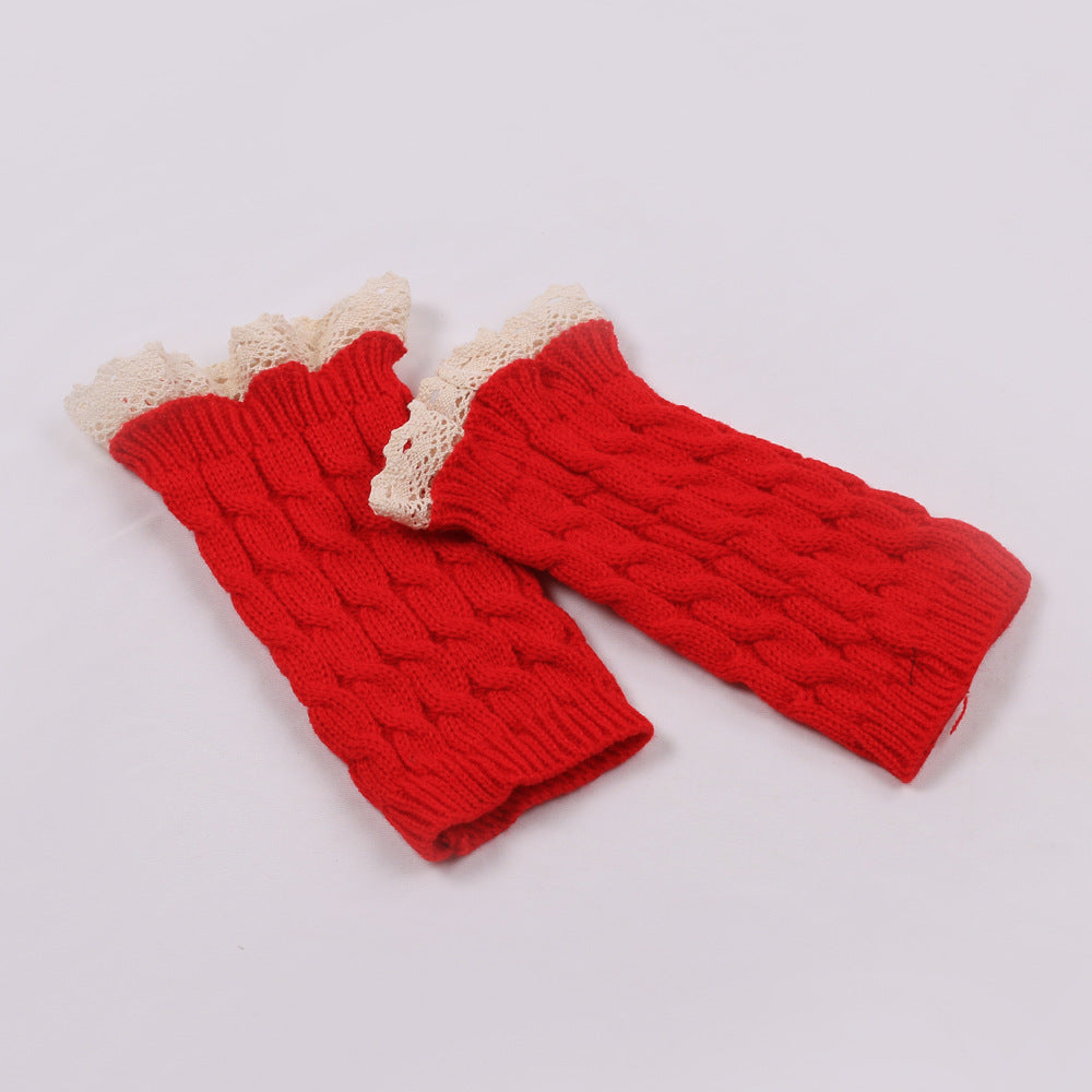 Lace Trim Cable Knit Fingerless Gloves - Red