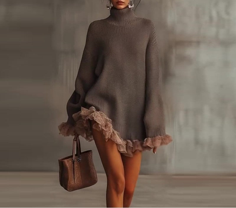 Tulle Ruffle Trim Turtleneck Oversized Sweater - Brown