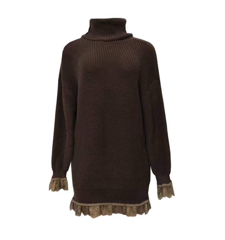Tulle Ruffle Trim Turtleneck Oversized Sweater