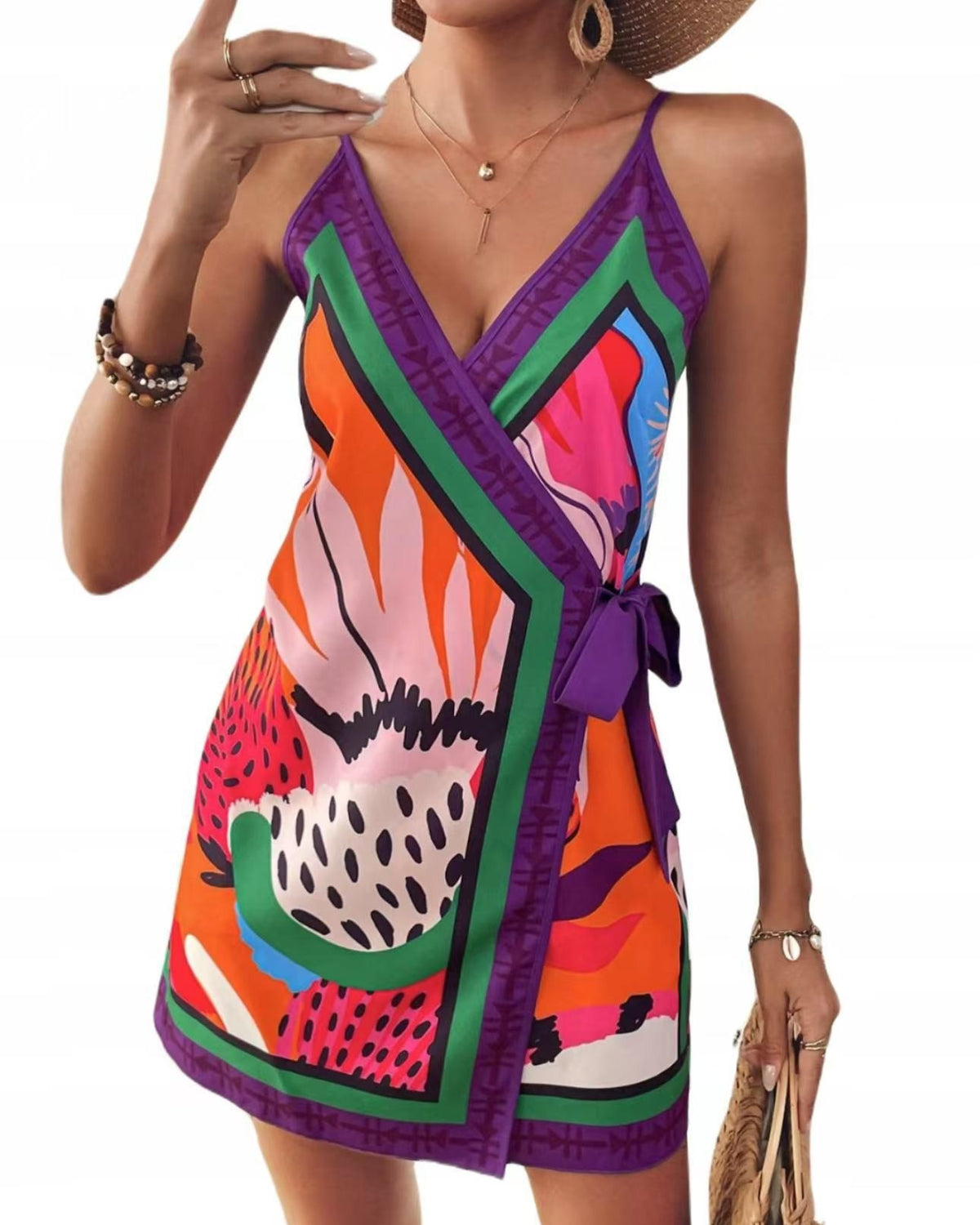 Scarf Print Wrap Cami Mini Dress - Purple
