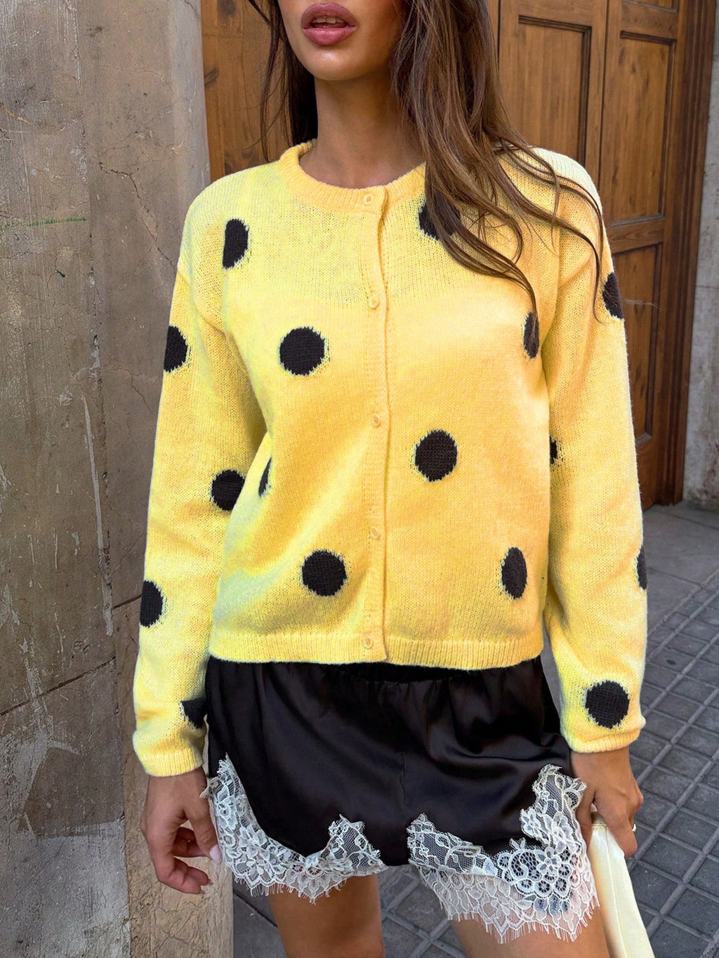 Yellow Polka Dot Fuzzy Crew Neck Cardigan - Yellow
