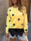 Yellow Polka Dot Fuzzy Crew Neck Cardigan - Yellow
