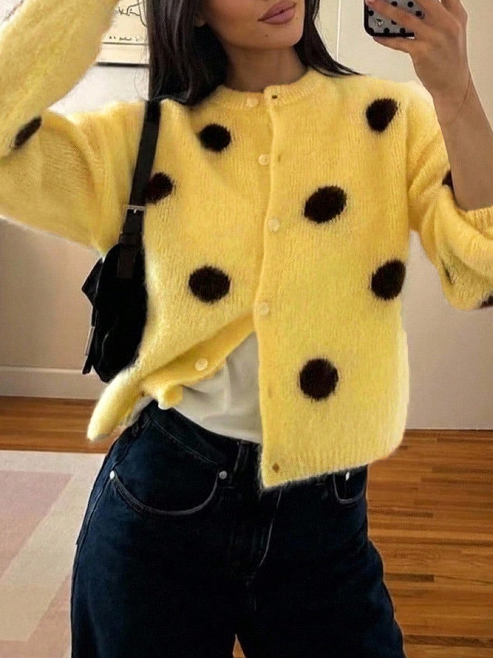 Yellow Polka Dot Fuzzy Crew Neck Cardigan - Yellow - 1