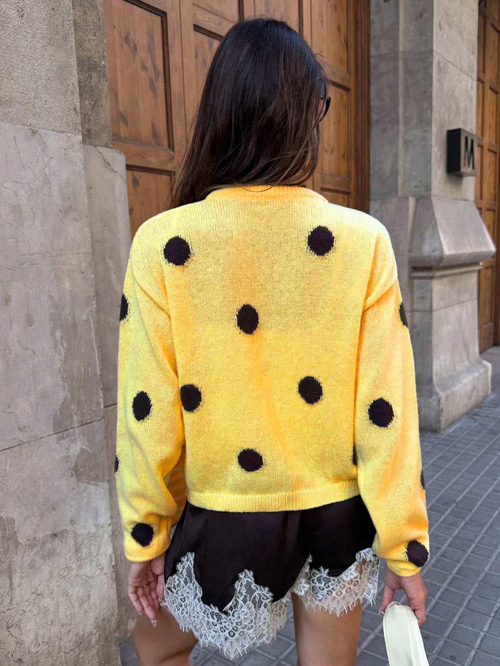 Yellow Polka Dot Fuzzy Crew Neck Cardigan - Yellow - 2