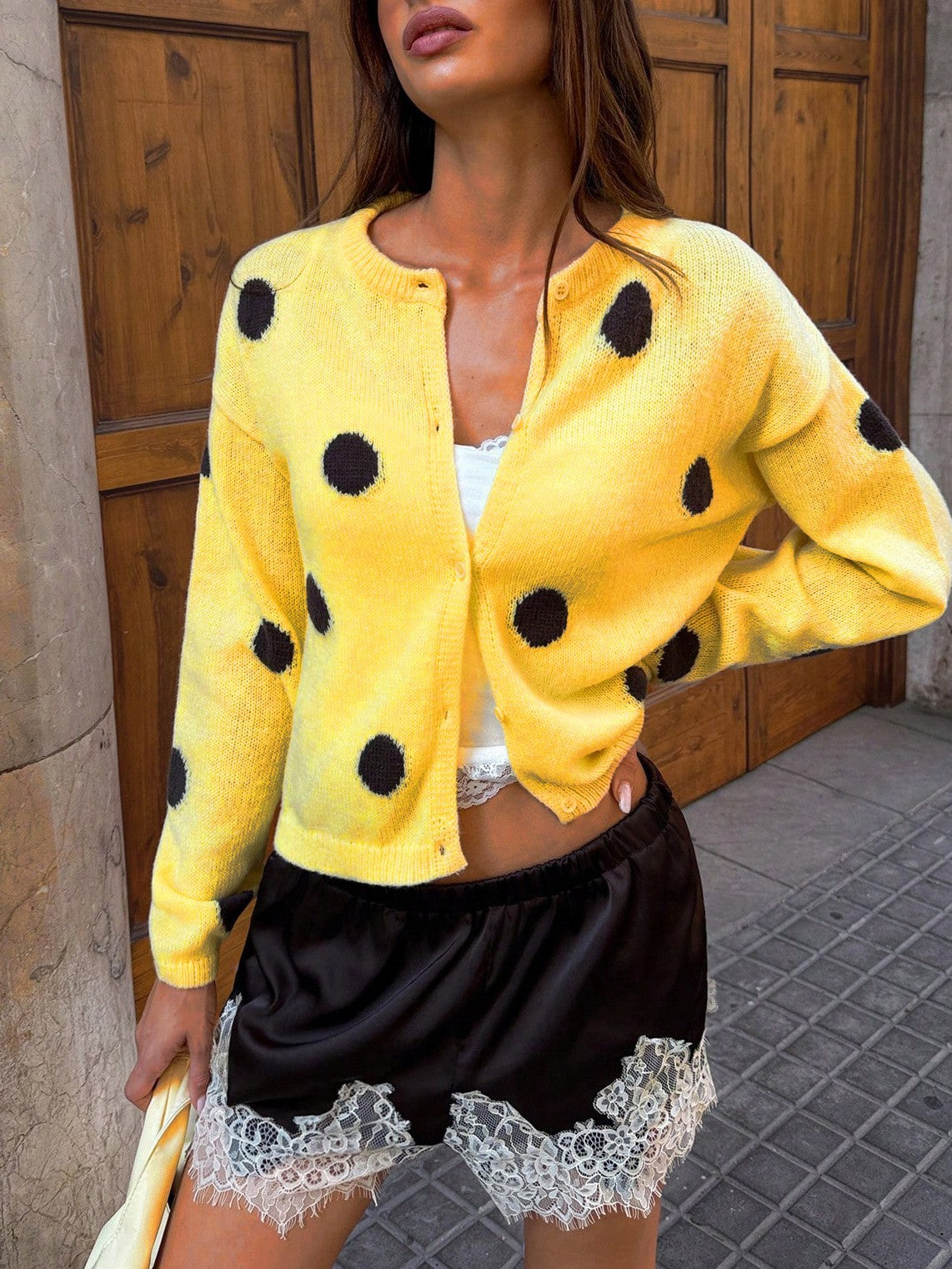 Yellow Polka Dot Fuzzy Crew Neck Cardigan - Yellow - 3