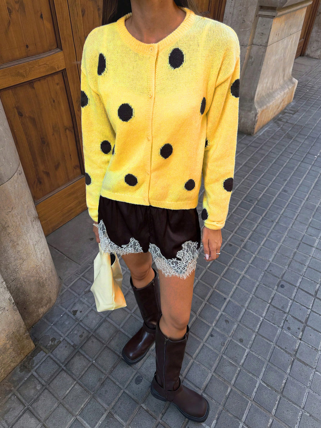 Yellow Polka Dot Fuzzy Crew Neck Cardigan - Yellow - 7