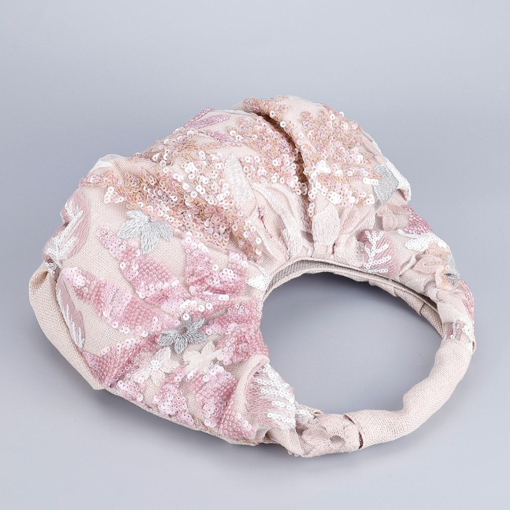 Ruched Sequin Floral Top-Handle Pouch Bag