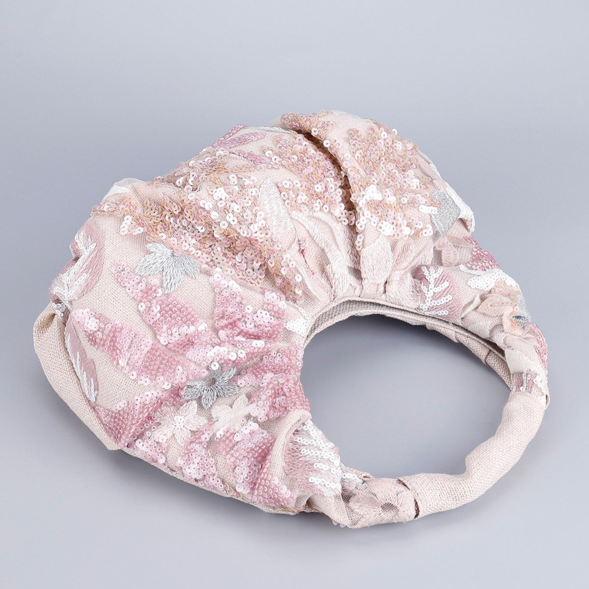 Ruched Sequin Floral Top-Handle Pouch Bag