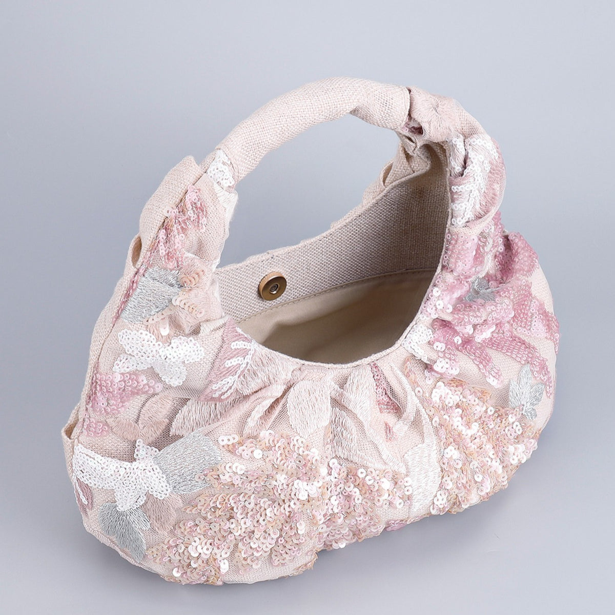 Ruched Sequin Floral Top-Handle Pouch Bag - view 3