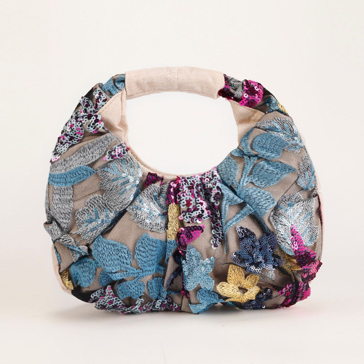Ruched Sequin Floral Top-Handle Pouch Bag - Blue Purple