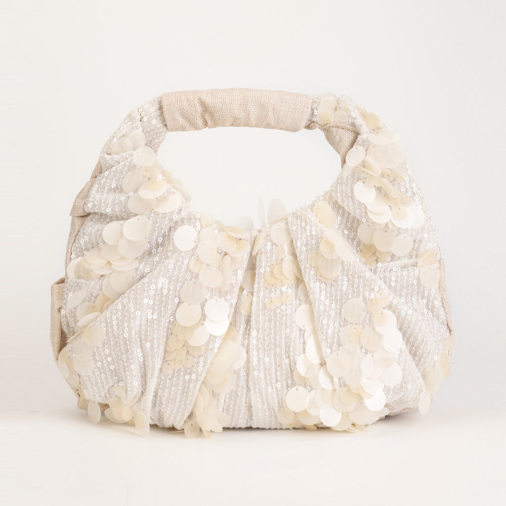 Ruched Sequin Floral Top-Handle Pouch Bag - Glitter