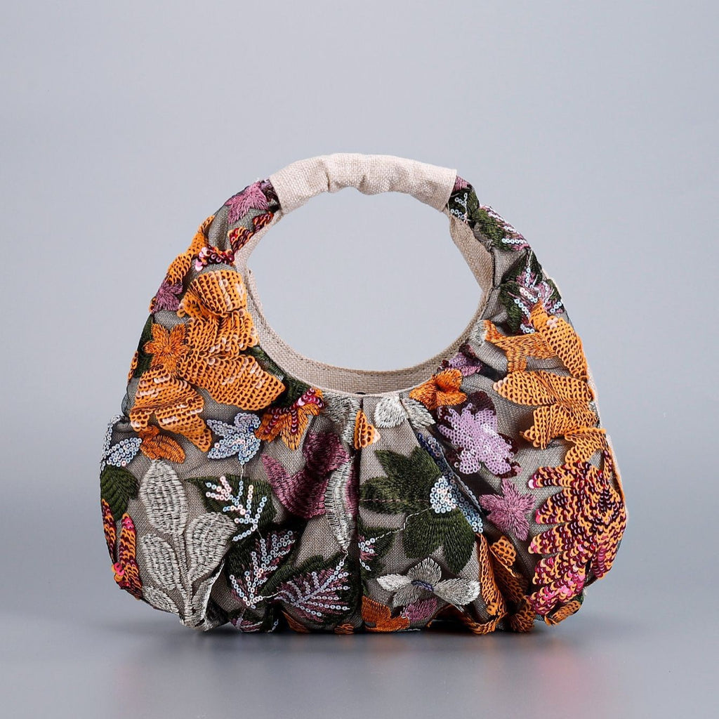 Ruched Sequin Floral Top-Handle Pouch Bag - Orange