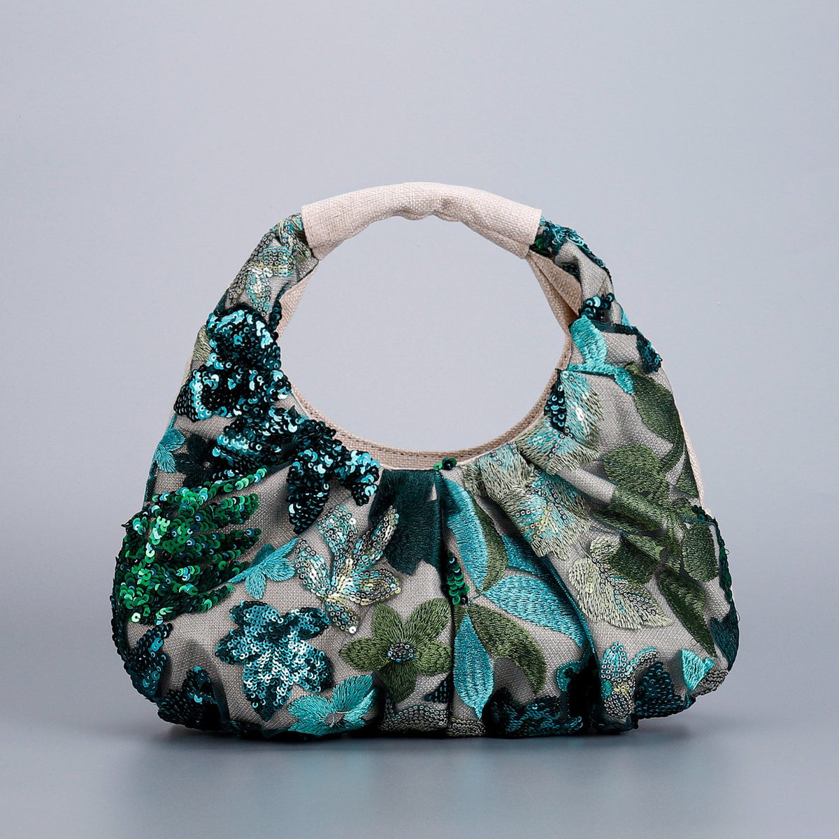 Ruched Sequin Floral Top-Handle Pouch Bag - Peacock