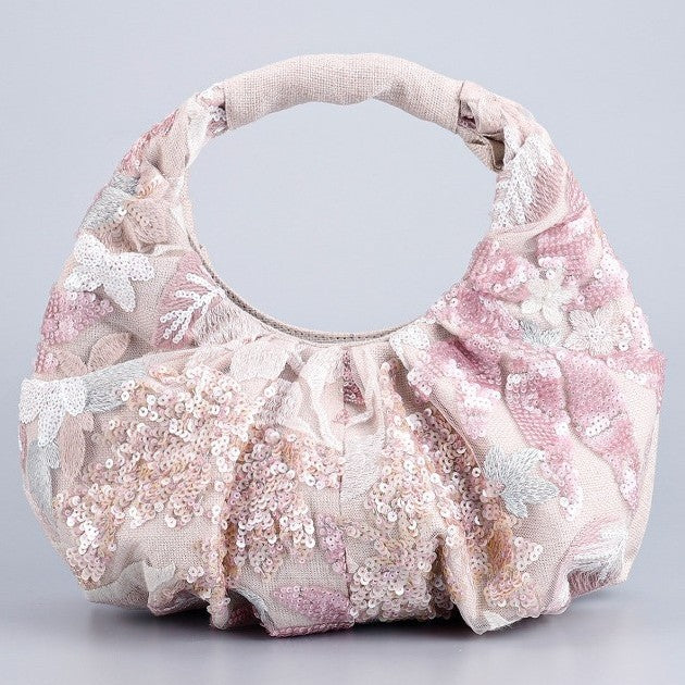 Ruched Sequin Floral Top-Handle Pouch Bag - Pink 1