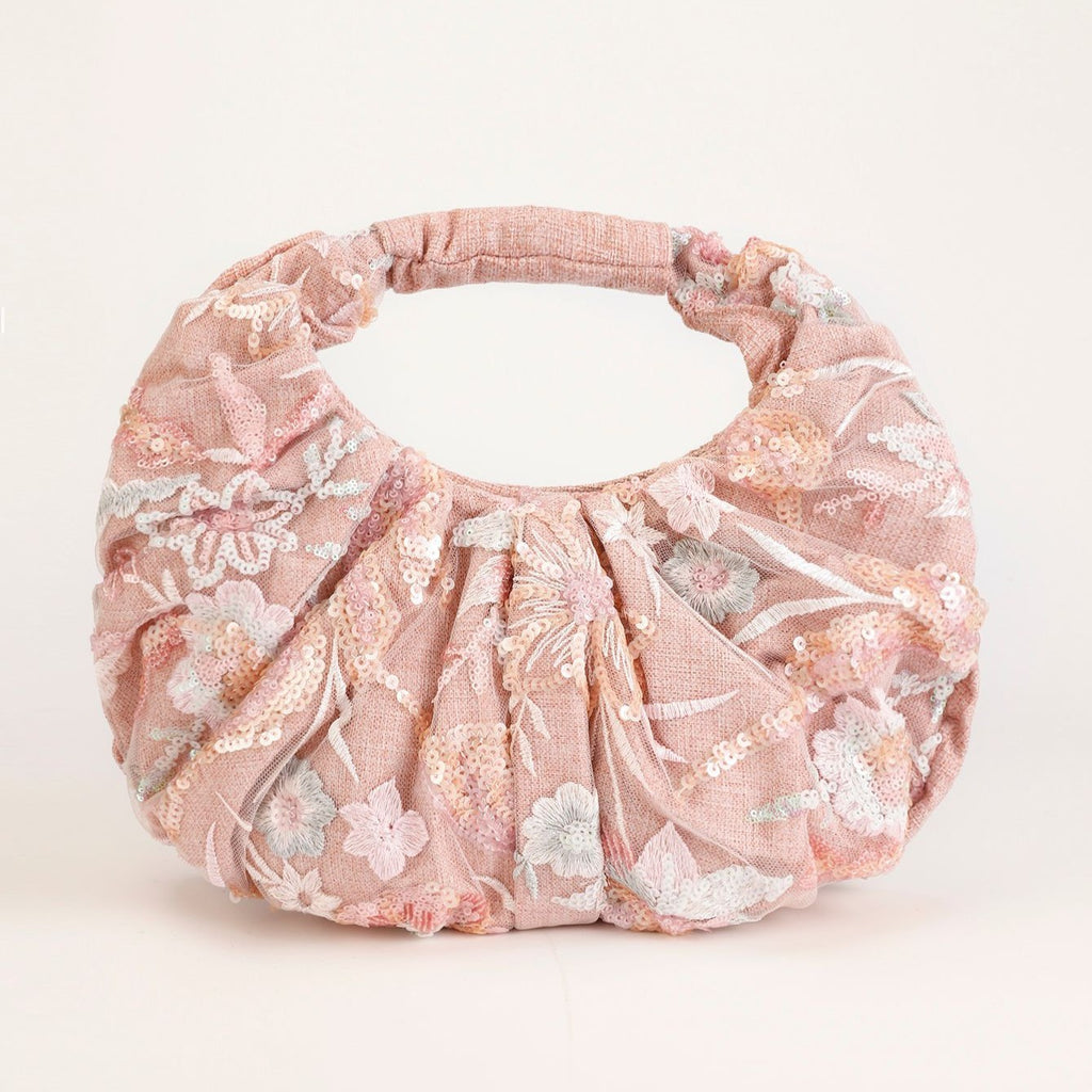 Ruched Sequin Floral Top-Handle Pouch Bag - Pink 2