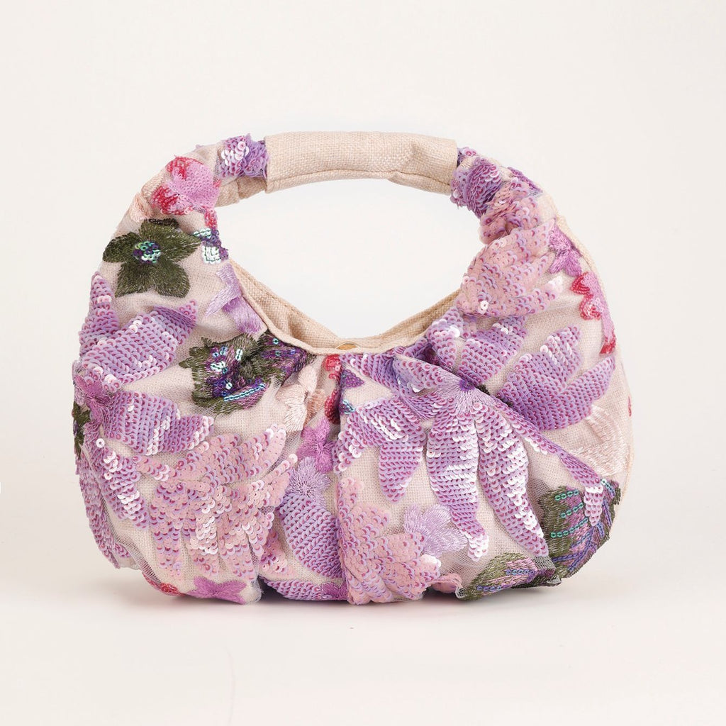 Ruched Sequin Floral Top-Handle Pouch Bag - Purple