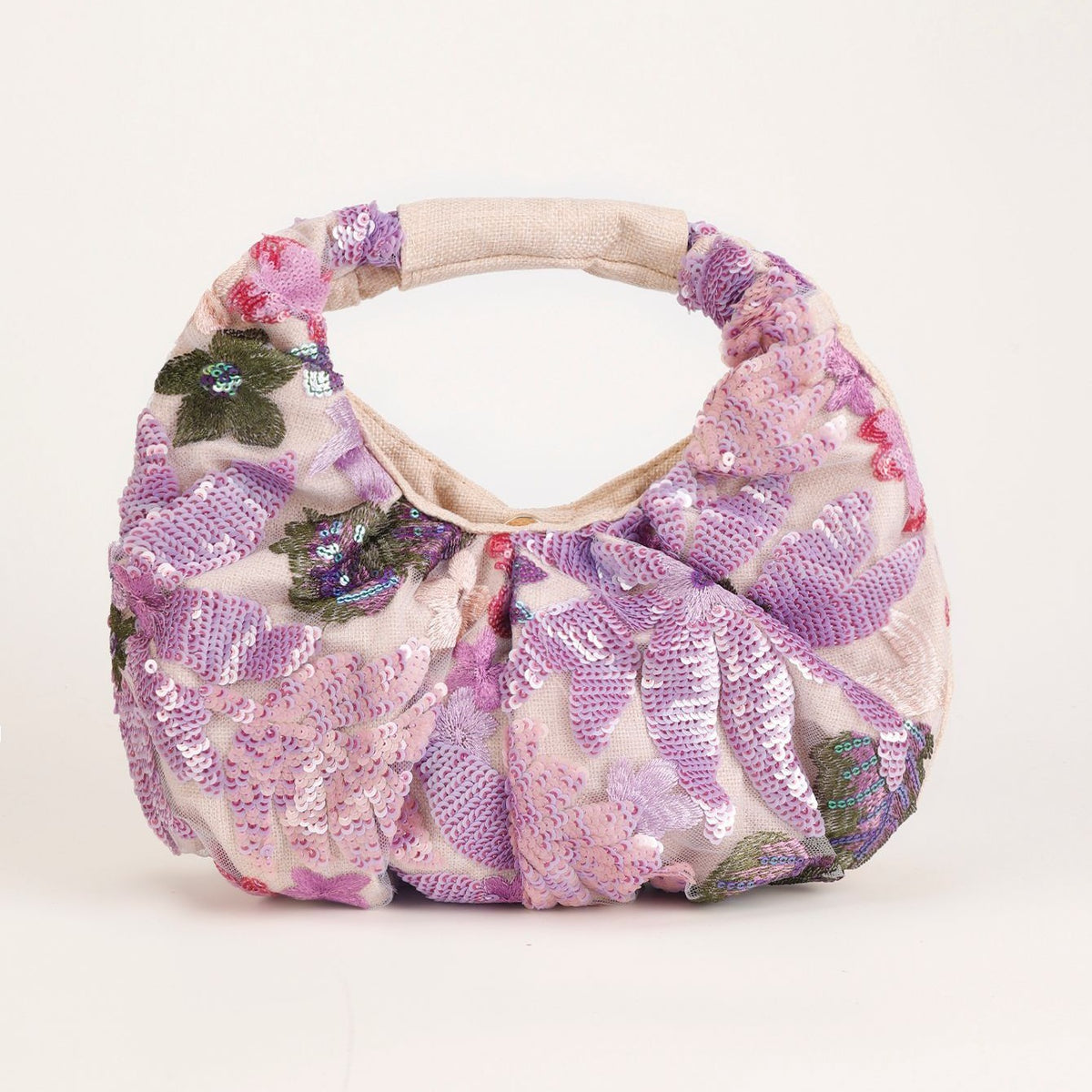 Ruched Sequin Floral Top-Handle Pouch Bag - Purple