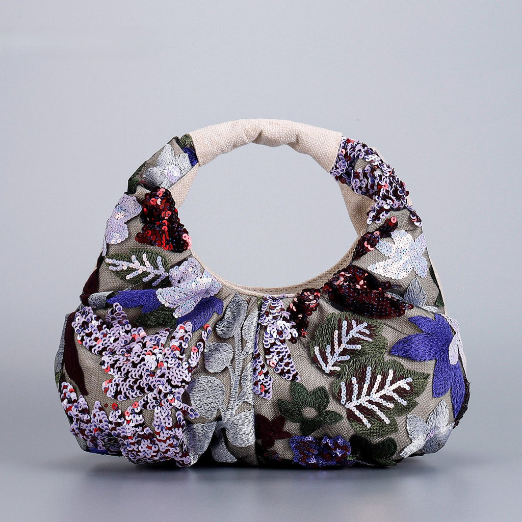 Ruched Sequin Floral Top-Handle Pouch Bag - Rouge
