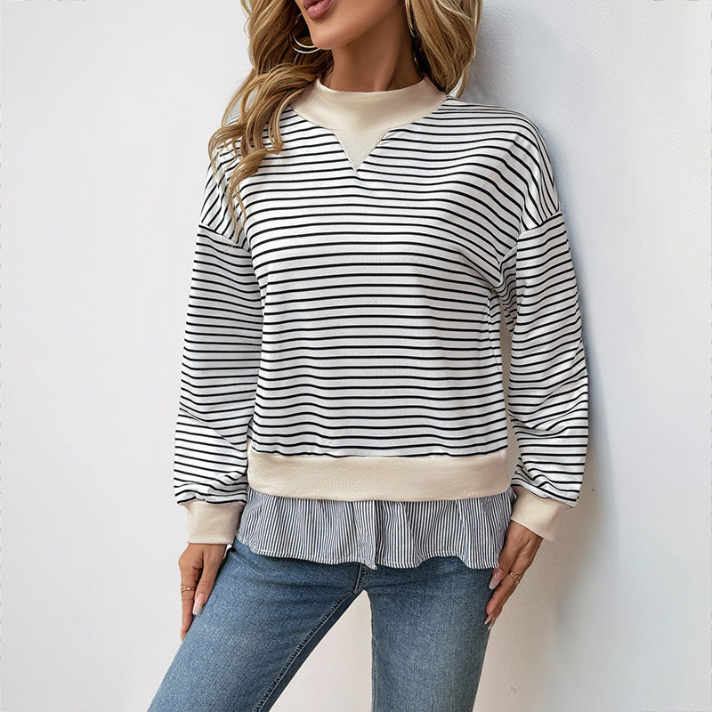 Striped Sweatshirt With Ruffle Peplum Hem - White